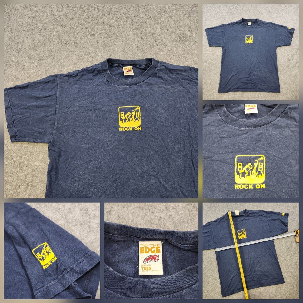 VTG 90s Rock On T Shirt Mens Large‎ Navy Blue To The Edge Graphic Concert Tee